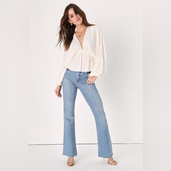 LULUS Radiant Flirt Ivory Satin Plisse Long Sleeve Top - Picture 1 of 12